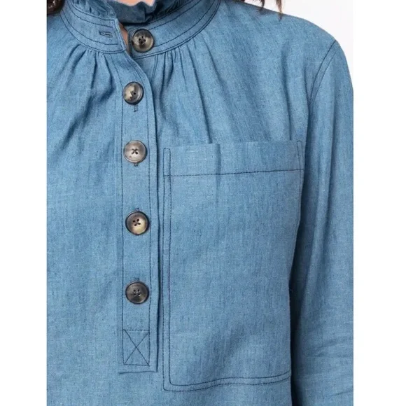 TORY BURCH Linen Cotton Chambray Ruffle High Neck Long Sleeve Pocket Blouse 10‎ - Picture 10 of 11